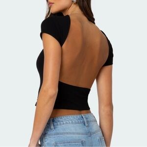 NWT Edikted Black Bambi Open-Back T-Shirt Top Crop Round Neck Cotton Casual M